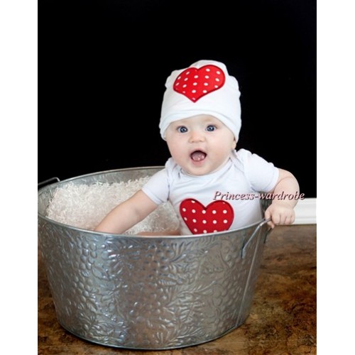 White Baby Jumpsuit with Red White Polka Dots Heart Print with Cap Set JP01 